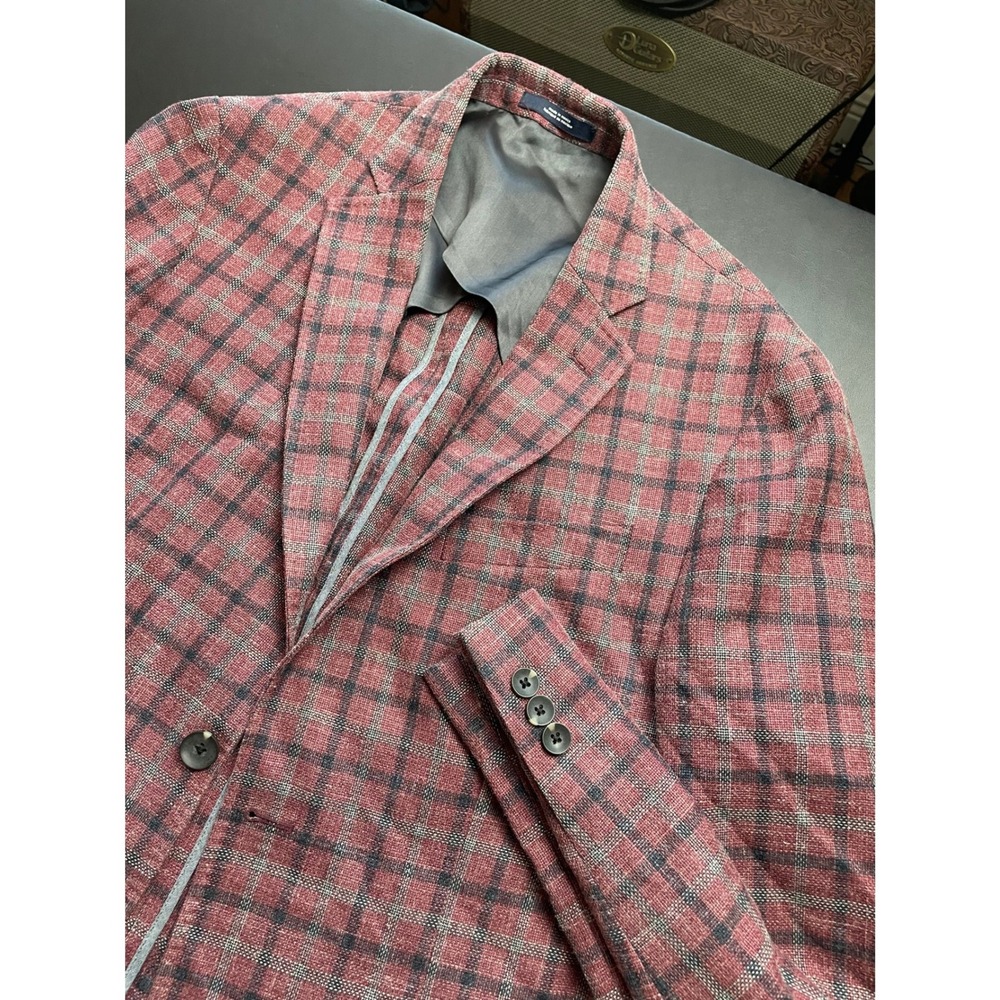 1901 Blazer 40R Burgundy Plaid Gingham Wool Silk Linen Unstructured Extra Slim
